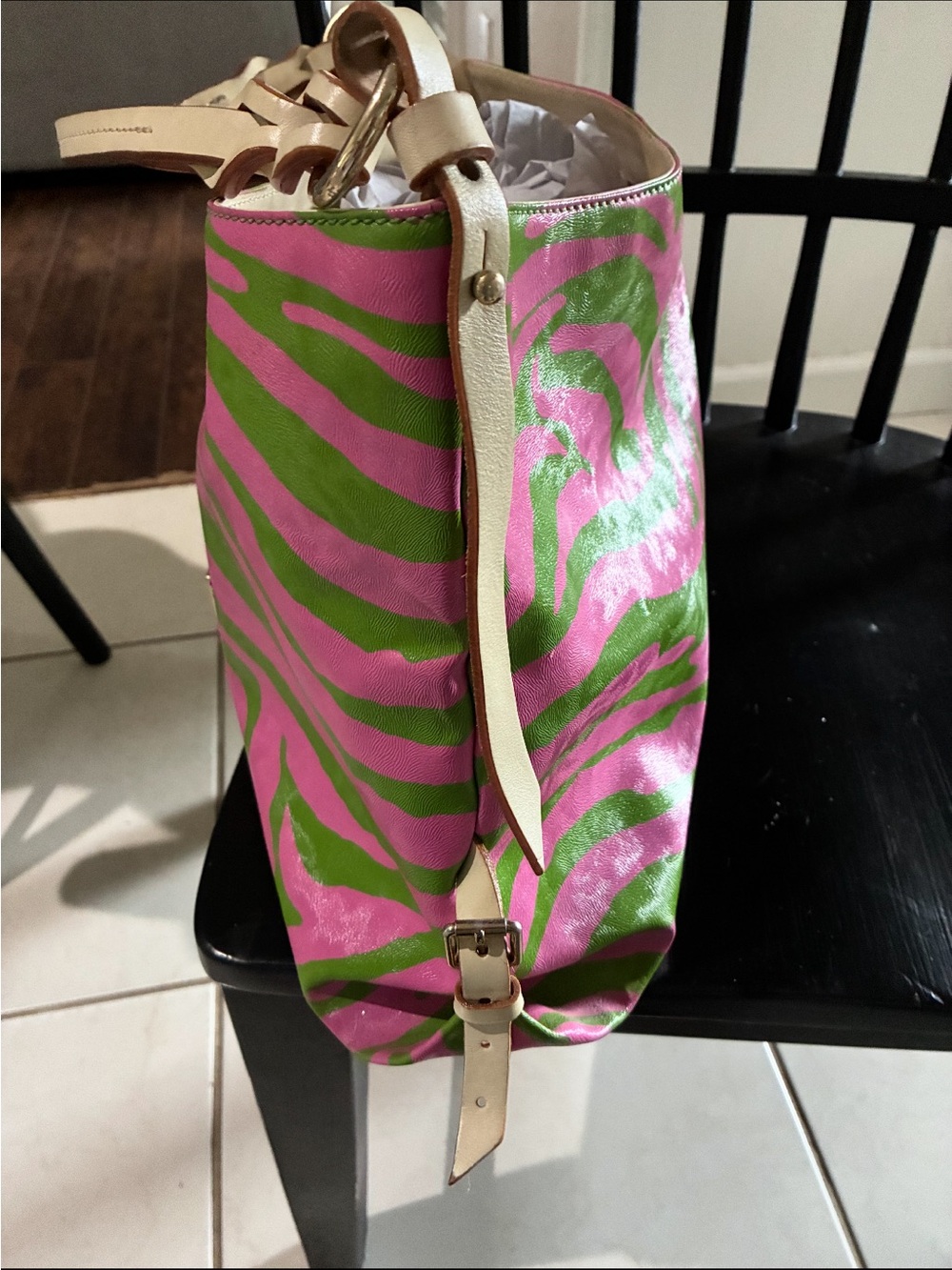 Dooney & Bourke Pink and Green Zebra Print Shoulder Bag with Tan Strap - Picture 5 of 6